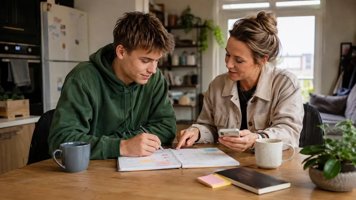 Begeleider en jongere bespreken samen de weekplanning aan de keukentafel