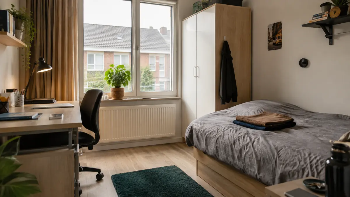 Lichte eigen kamer met bed, bureau en kastruimte